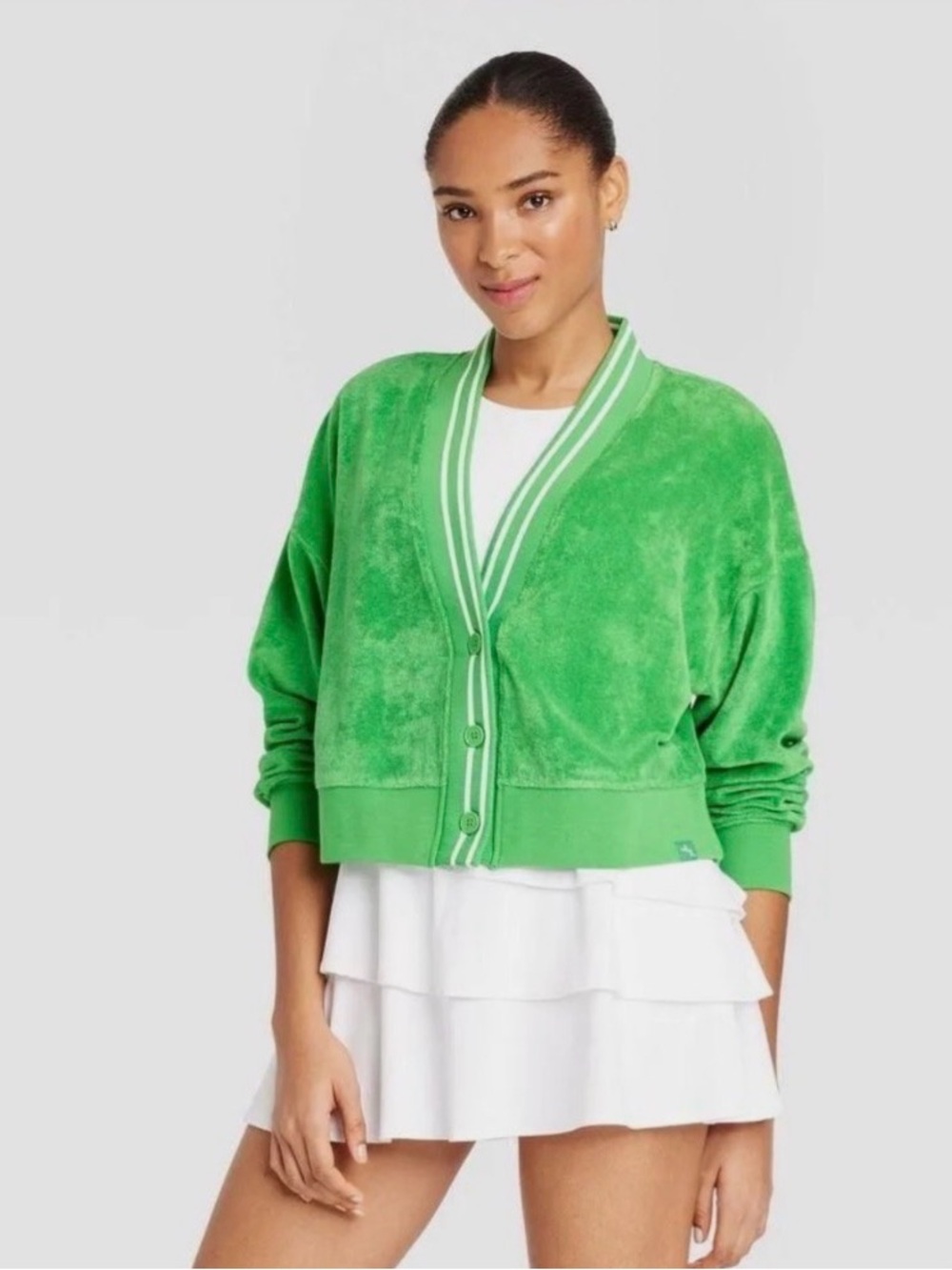 JoyLab Bright Green V-Neck Button Cardigan with Striped Trim
